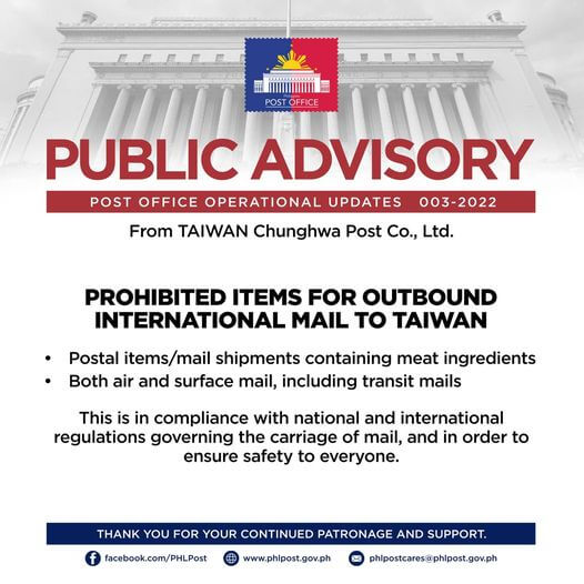 Public Advisory: Prohibited Items for Outbound International Mail to Taiwan