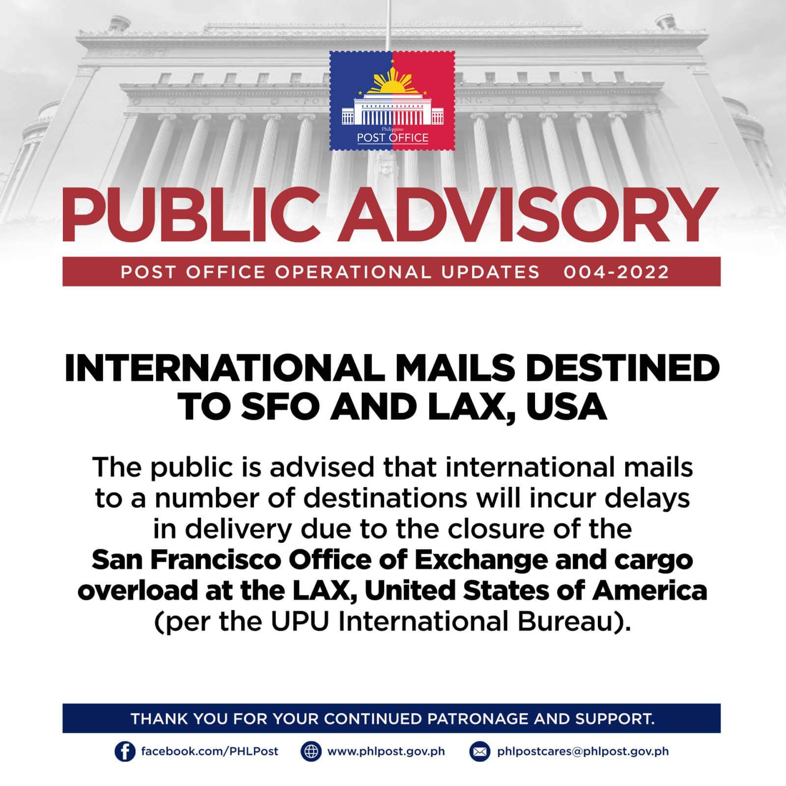 Public Advisory: International Mails Destined to SFO and LAX, USA