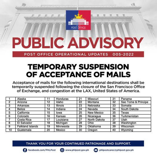 Public Advisory: Temporary Suspension of Acceptance of Mails