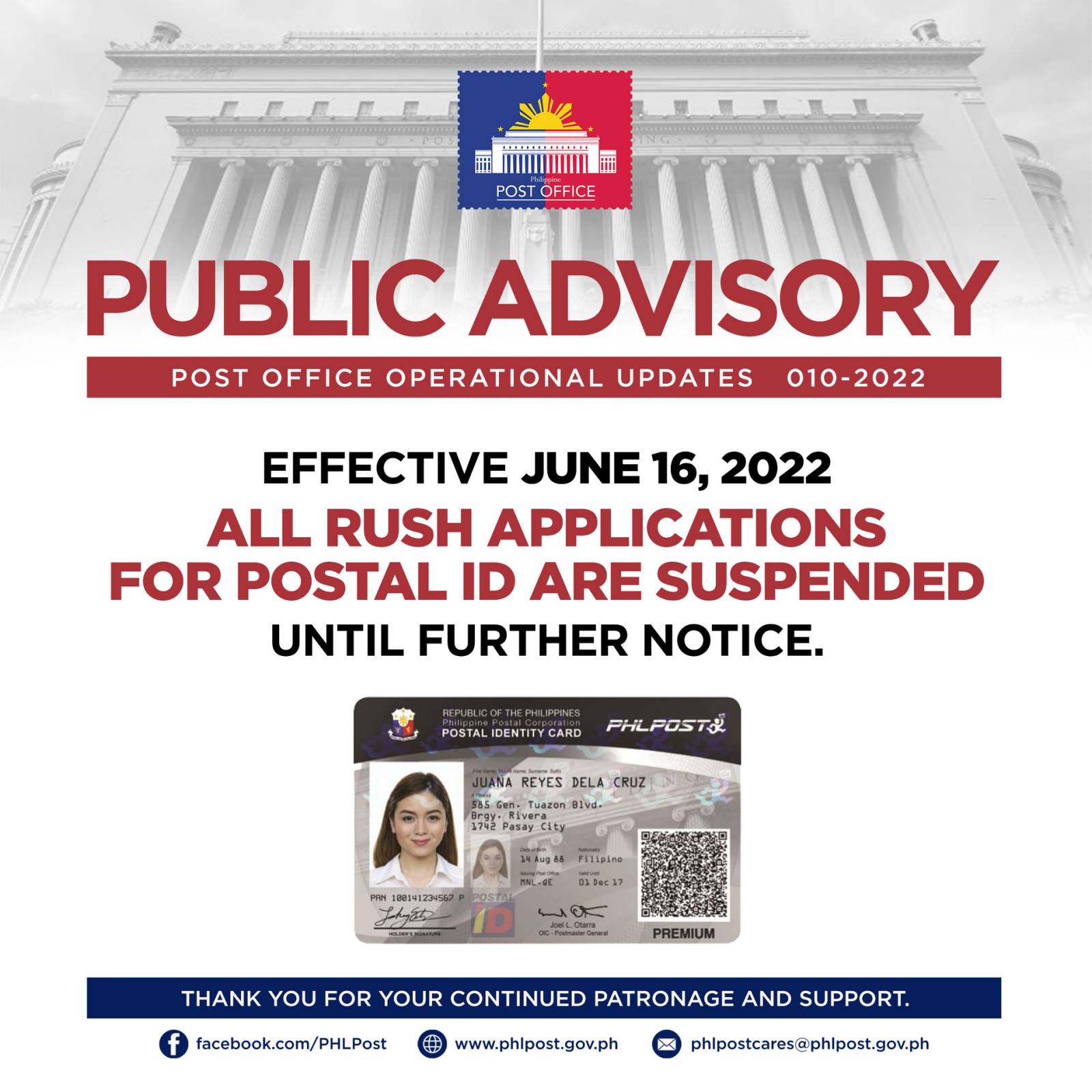 ALL RUSH APPLICATIONS FOR POSTAL ID ARE SUSPENDED