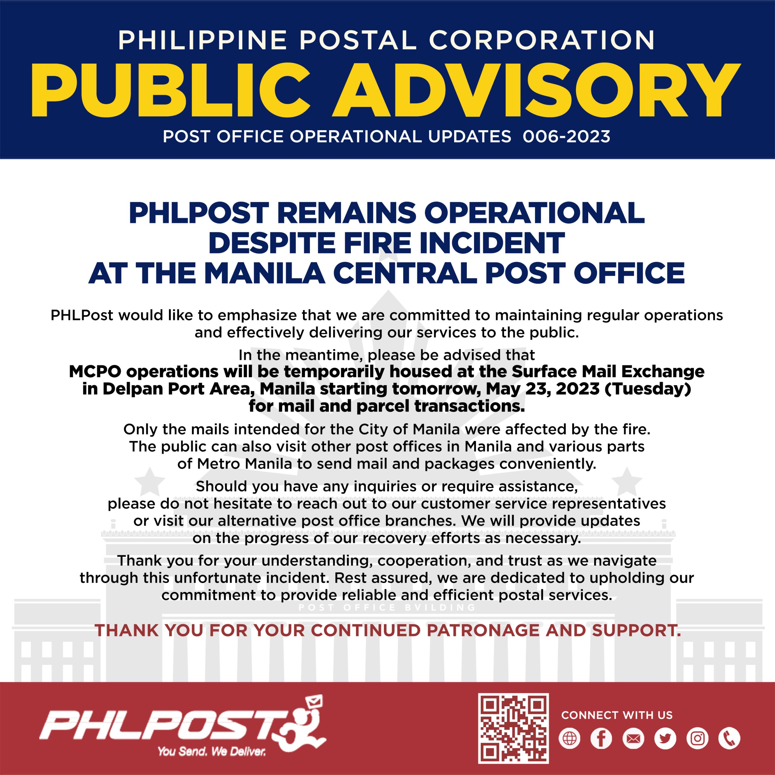 PHLPost remains operational despite fire incident at the Manila Central Post Office