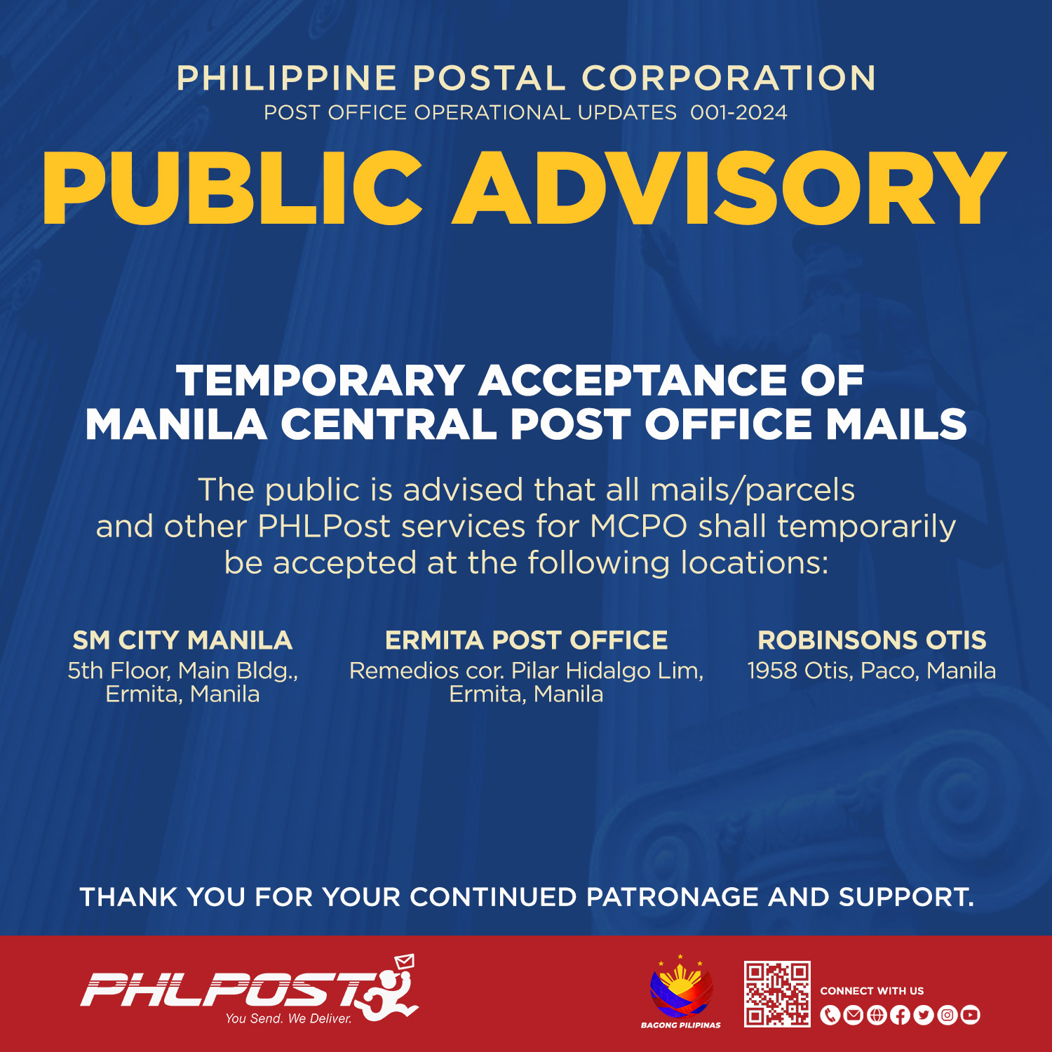TEMPORARY ACCEPTANCE OF MANILA CENTRAL POST OFFICE MAILS