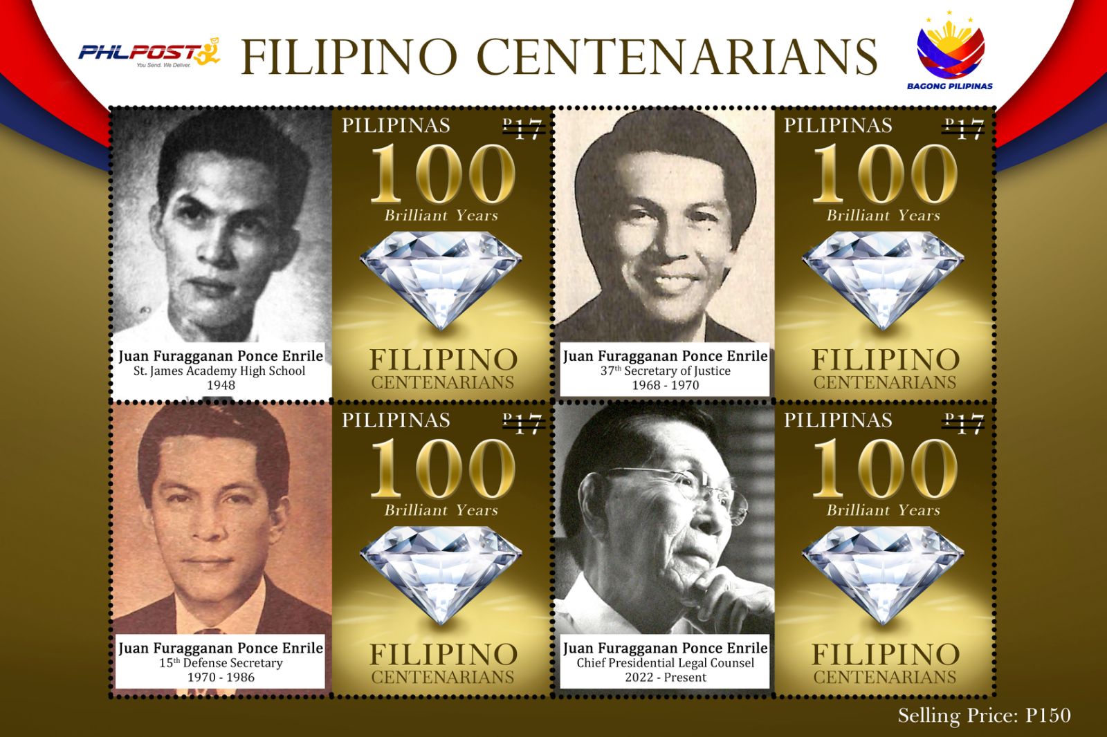 PHLPost presented personalized stamps to 100 year old Enrile