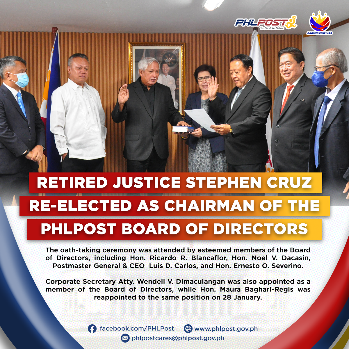 Retired Justice Stephen Caperiña Cruz Muling Nahalal bilang  Chairman ng  Board of Directors ng Philippine Postal Corporation